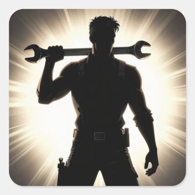 Mechanic Silhouette Wrench Over Shoulder Square Sticker (Front)