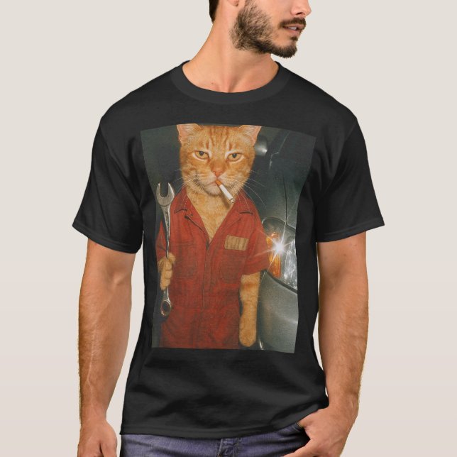 Mechanic Smoking Cat Meme T-Shirt (Front)