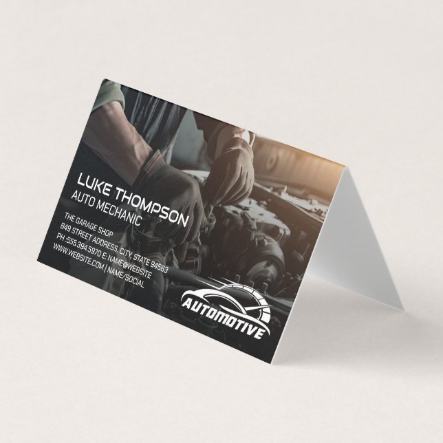 Mechanic Working on Engine | Auto Services Logo Business Card (Front)