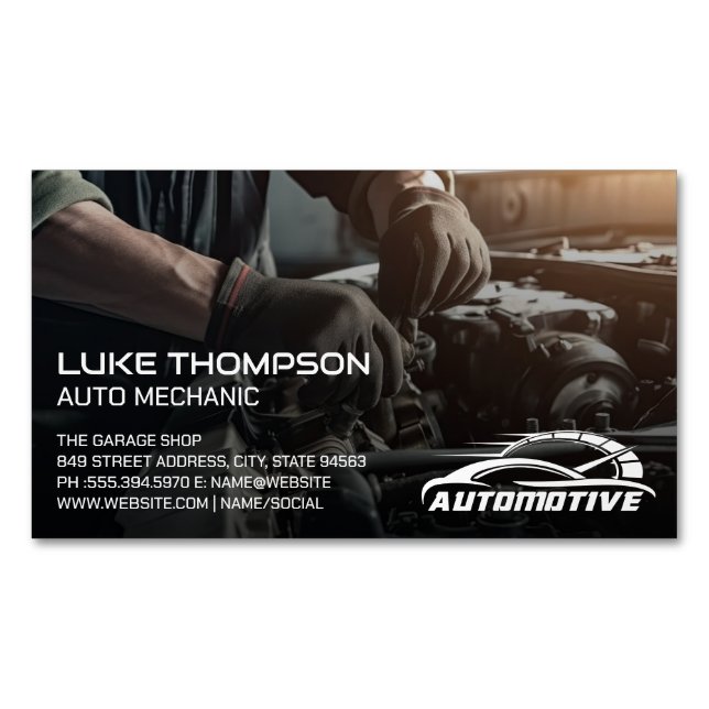 Mechanic Working on Engine | Auto Services Logo Magnetic Business Card (Front)
