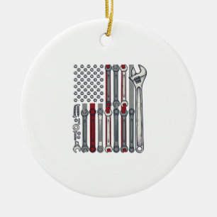 Mechanic Wrench Flag Vintage Engraving Vector Desi Ceramic Tree Decoration
