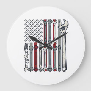 Mechanic Wrench Flag Vintage Engraving Vector Desi Large Clock