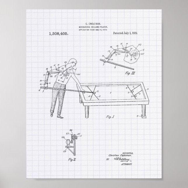 Mechanical Billiard 1919 Patent Art - Lined Peper Poster (Front)
