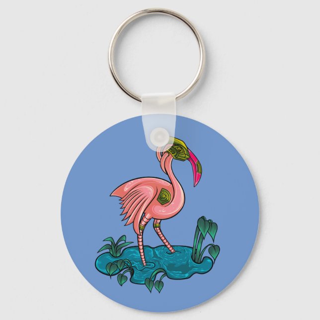 Mechanical Bird, Pink Flamingo Mecha Robot Key Ring (Front)