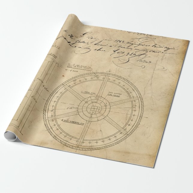 Mechanical Circular Schematics on Tan Wrapping Paper (Unrolled)