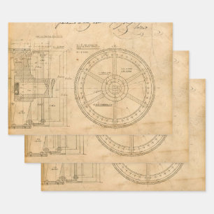 Mechanical Circular Schematics on Tan Wrapping Paper Sheet