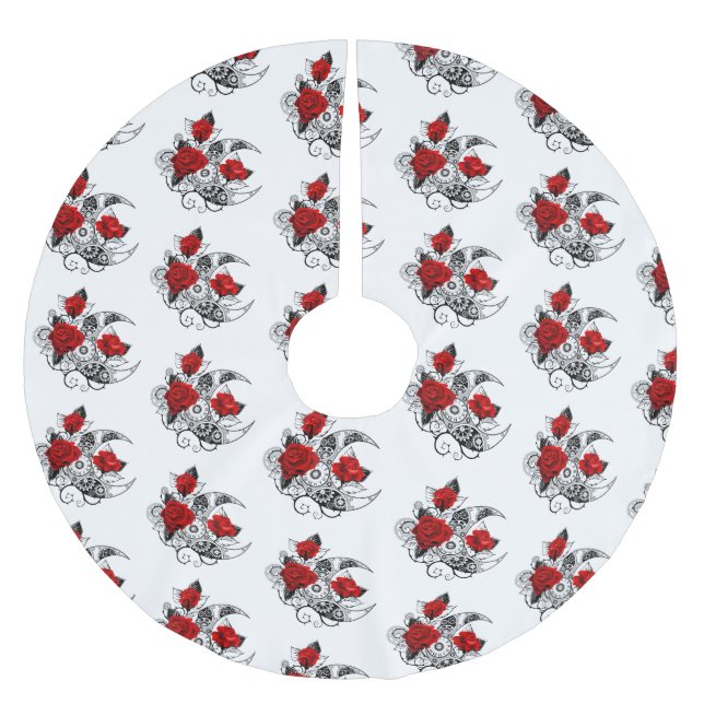 Mechanical Crescent with Red Roses Brushed Polyester Tree Skirt (Front)