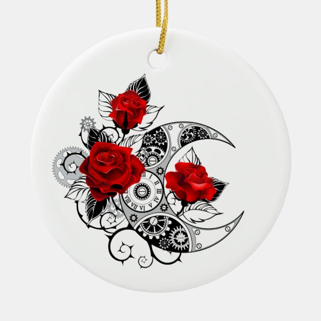 Mechanical Crescent with Red Roses Ceramic Tree Decoration (Front)