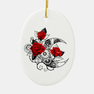 Mechanical Crescent with Red Roses Ceramic Tree Decoration