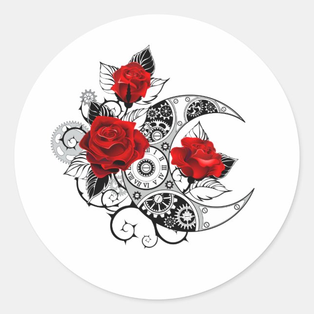 Mechanical Crescent with Red Roses Classic Round Sticker (Front)