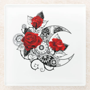 Mechanical Crescent with Red Roses Glass Coaster