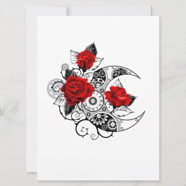 Mechanical Crescent with Red Roses Holiday Card (Front)