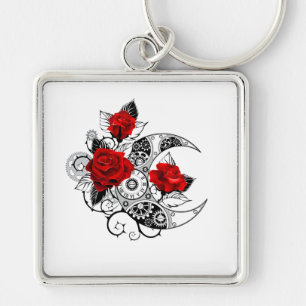 Mechanical Crescent with Red Roses Key Ring