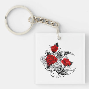 Mechanical Crescent with Red Roses Key Ring