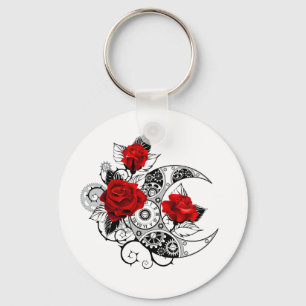 Mechanical Crescent with Red Roses Key Ring