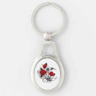 Mechanical Crescent with Red Roses Key Ring