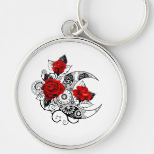 Mechanical Crescent with Red Roses Key Ring