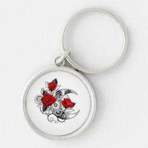 Mechanical Crescent with Red Roses Key Ring