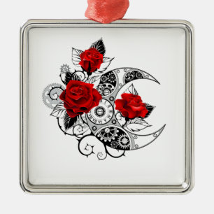 Mechanical Crescent with Red Roses Metal Tree Decoration