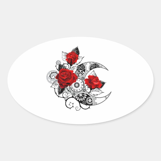 Mechanical Crescent with Red Roses Oval Sticker (Front)