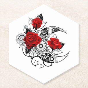 Mechanical Crescent with Red Roses Paper Coaster