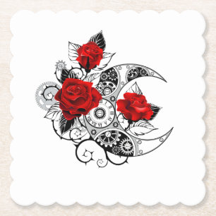 Mechanical Crescent with Red Roses Paper Coaster