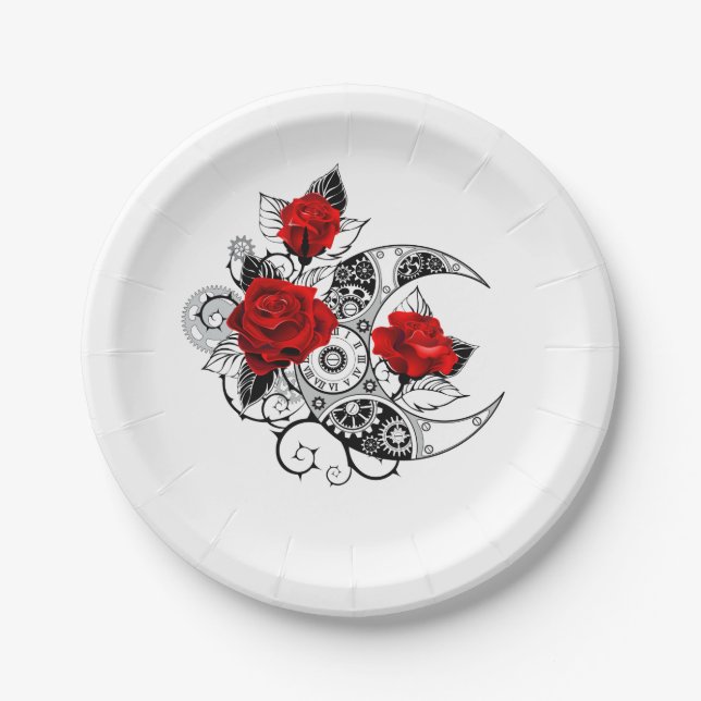 Mechanical Crescent with Red Roses Paper Plate (Front)