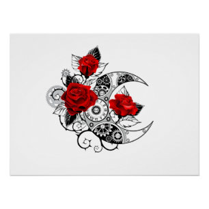 Mechanical Crescent with Red Roses Poster