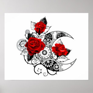 Mechanical Crescent with Red Roses Poster