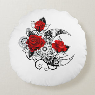 Mechanical Crescent with Red Roses Round Cushion
