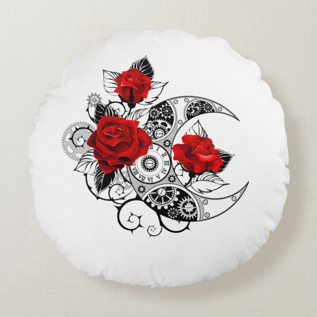 Mechanical Crescent with Red Roses Round Cushion (Front)