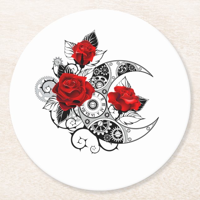 Mechanical Crescent with Red Roses Round Paper Coaster (Front)