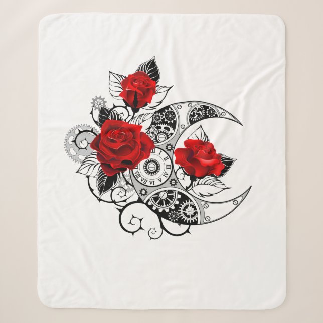 Mechanical Crescent with Red Roses Sherpa Blanket (Front)