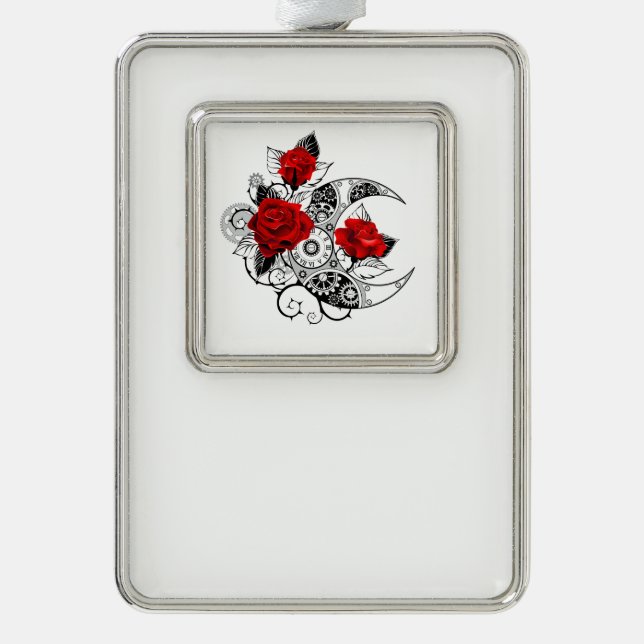 Mechanical Crescent with Red Roses Silver Plated Framed Ornament (Front)