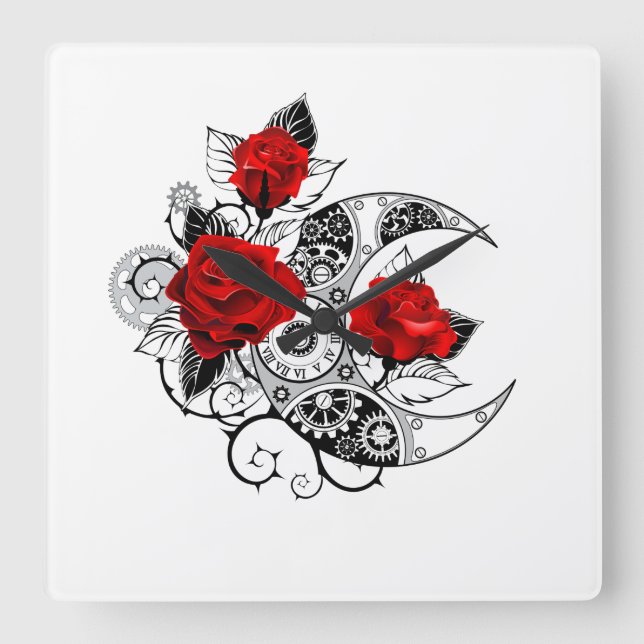 Mechanical Crescent with Red Roses Square Wall Clock (Front)