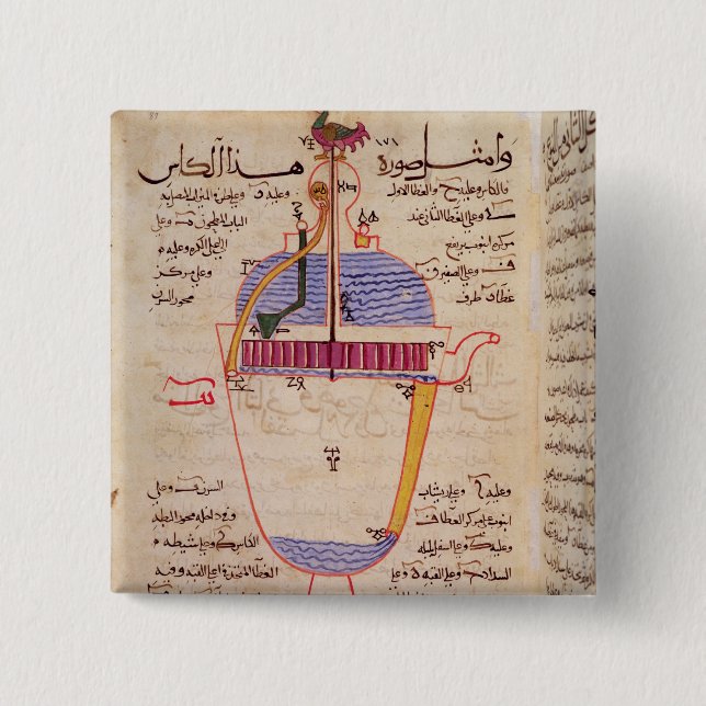 Mechanical device for pouring water 15 cm square badge (Front)