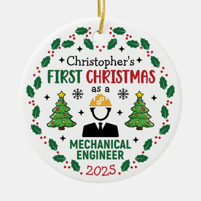 Mechanical Engineer First Christmas Personalised Ceramic Tree Decoration (Front)