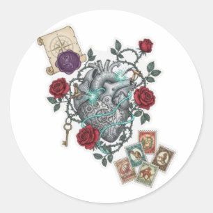Mechanical Heart with Roses – Vintage Surreal Art Classic Round Sticker