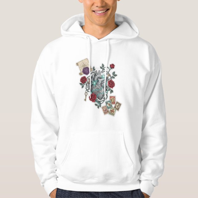 Mechanical Heart with Roses – Vintage Surreal Art Hoodie (Front)