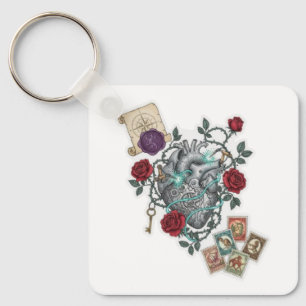 Mechanical Heart with Roses – Vintage Surreal Art Key Ring