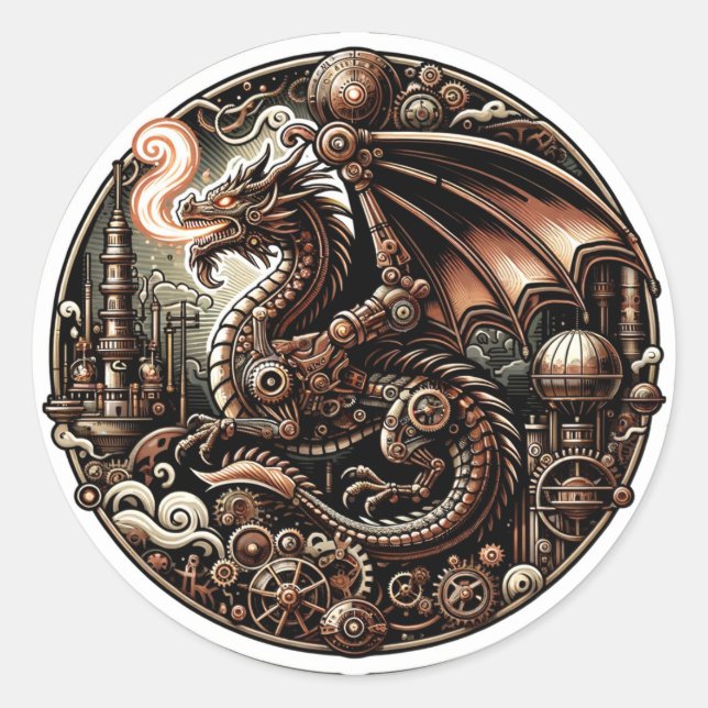 Mechanical Majesty: The Steampunk Dragon of the Co Classic Round Sticker (Front)