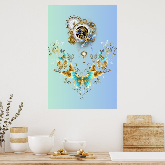 Mechanical Serenity, Teal Steampunk Graphic Art Poster (Kitchen)