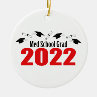Med School Grad 2022 Caps And Diplomas (Red) Ceramic Tree Decoration