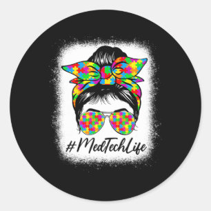 Med Tech Messy Bun Women Supporting Autism Awarene Classic Round Sticker