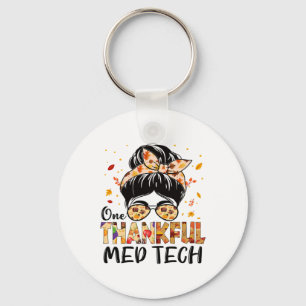 Med Tech One Thankful Messy Bun Thanksgiving Fall Key Ring