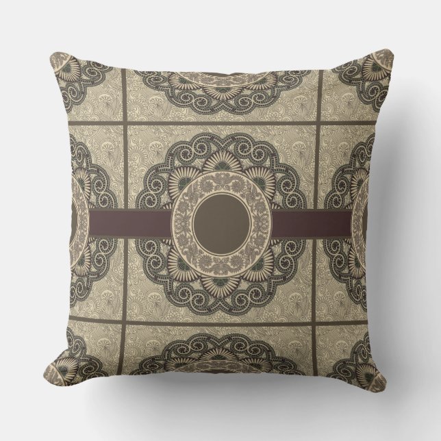 Medallion Design Taupe Reversible Pillow (Front)