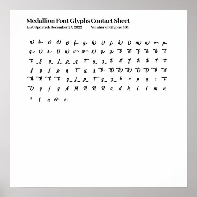 Medallion Font Glyphs Contact Sheet Poster (Front)