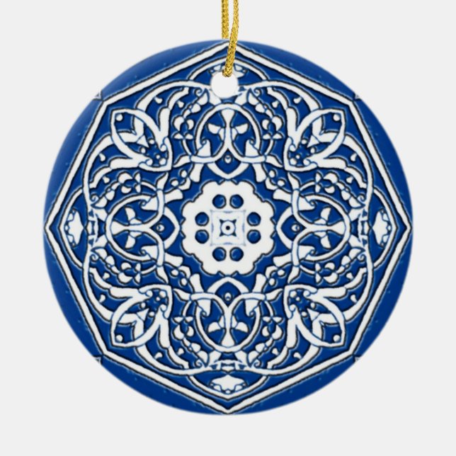 Medallion in Persian Tile Pattern - Blue and White Ceramic Tree Decoration (Front)