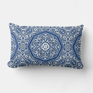 Medallion in Persian Tile Pattern - Blue and White Lumbar Cushion