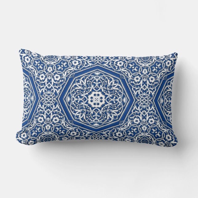 Medallion in Persian Tile Pattern - Blue and White Lumbar Cushion (Front)